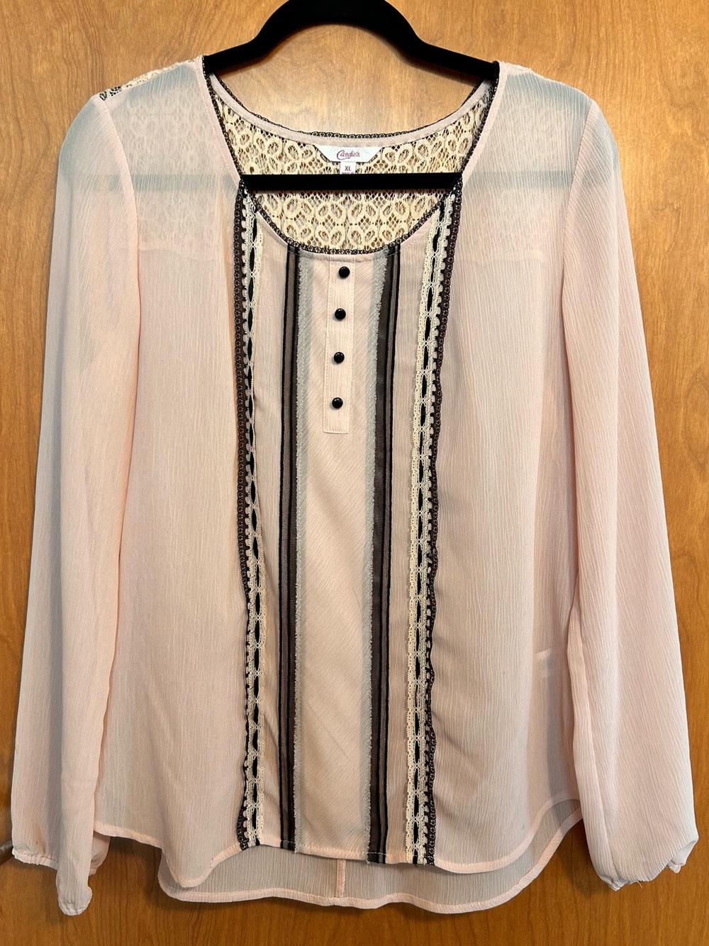 Vintage Candie’s Sheer Pink with Black Lace Blouse - Size XL